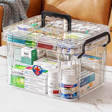 Boîte de rangement pour médicaments, boîte de rangement pour médicaments ménagers, boîte de premiers secours à double couche, portable à plusieurs grilles avec couvercle pour la maison(241713.5cm) (1/5)