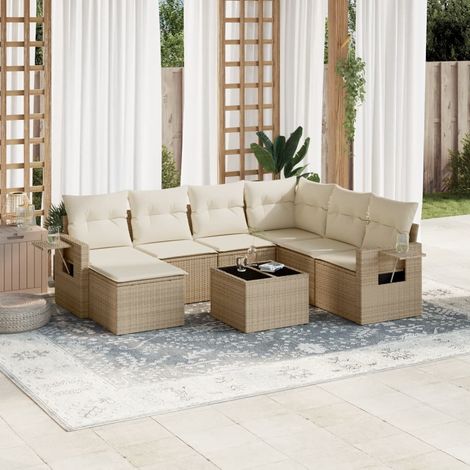 Ensemble Salon Jardin 8 Places Résine Tressée Beige avec Coussins Crème - Canapé d'Angle, Sièges Centraux et Table Verre Trempé (1/5)