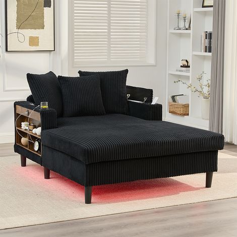 Méridienne 129x170x70 cm en Velours Côtelé Noir avec LED, USB, Rangement, 3 Coussins et Double Porte-Gobelets (1/5)