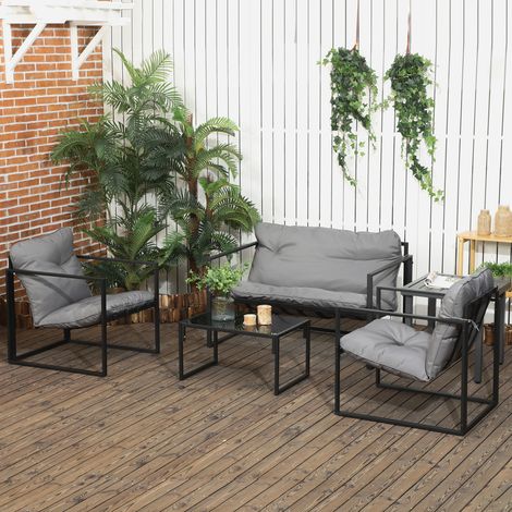 Outsunny Gartenmöbel-Set, 1 Glastisch, 2 Sessel. 1 Sofa, wetterbeständig,114 cm x 70 cm x 67 cm, Grau+Schwarz