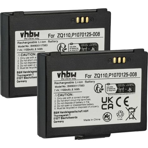 vhbw 2x batería compatible con Zebra ZQ110, ZQ220, ZR128 escáner códigos de barra, TPV (1100 mAh, 7,4 V, Li-Ion)
