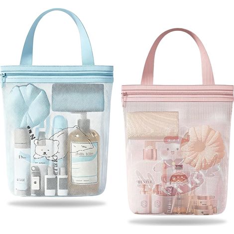 2 Pièces Trousse de Toilette Portable en Maille, Imprimés Cartoon Panier Douche en Maille avec Poignée, Séchage Rapide Sac de Douche en Mailles pour Salle de Bain, Dortoir, Voyage, Natation (1/5)