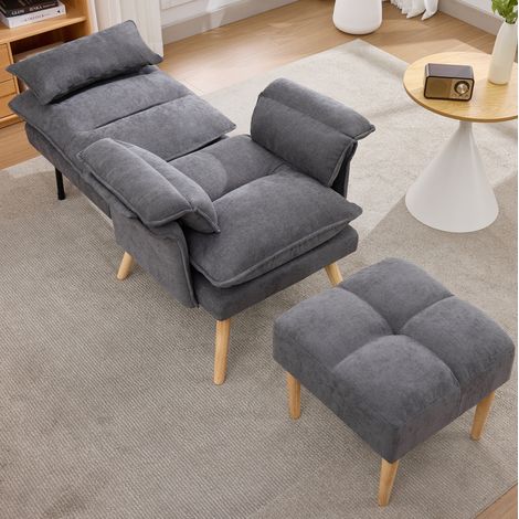 Poltrona relax con pouf, schienale reclinabile a 5 posizioni, imbottitura morbida, lino grigio (1/5)