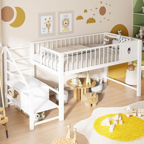 Lit mezzanine enfants 90 x 200 cm avec échelle de rangement Cadre en Métal - Blanc (1/5)
