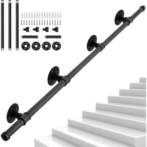 3M Main Courante pour Escalier, Rampe d'Escalier Murale en Tube Industriel, Main Courante en Fer pour Escaliers Intérieurs et Extérieurs Loft Porche, Capacité de Charge 150KG (Noir) (1/5)