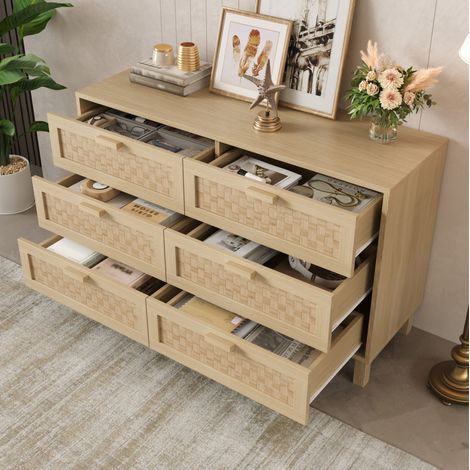 Commode 6 tiroirs style rotin 120x40x75 cm, naturel, panneaux de bois, grand rangement FloraGrace (1/5)