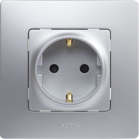 Enchufe Legrand 396482 en Color Aluminio. Enchufe o toma 2P+T de pared de la gama Niloé monoblock, mecanismo completo. (1/4)