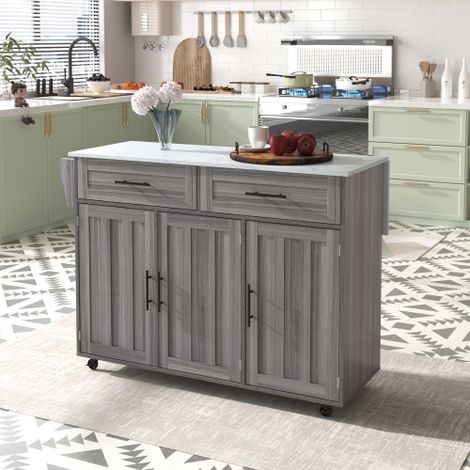 Chariot de service / Buffet de salle à manger — Plateau en marbre blanc et meuble aspect bois gris kaki — Plateau extensible — Rangement avec portes — Roulettes — Pieds en bois massif interchangeables