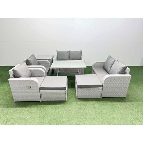 Fimous 8 Seater Rattan Garden Furniture Set Outdoor Love Sofa Set with Rectangular Dining Table Side Table 2 Big Footstools Light Grey (1/4)