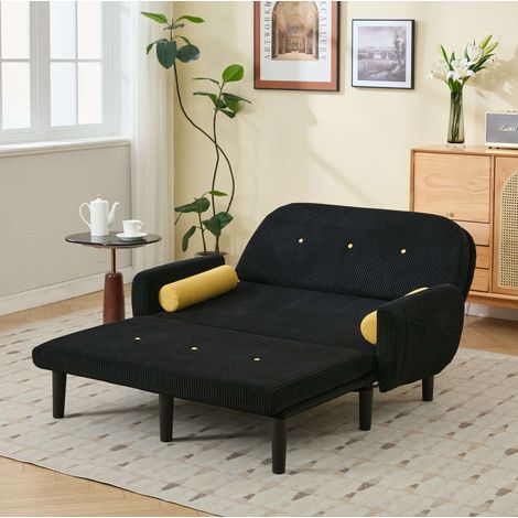 Sofá cama biplaza de pana negra con respaldo reclinable y 2 cojines (1/5)