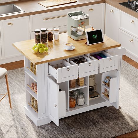 132cm Mobiler Küchentisch, Landhausstil, klappbare Arbeitsplatte, Multifunktionsschrank, Schublade, Gewürzregal, Handtuchhalter, 4 Rollen, integrierte Steckdose, Küche/Essen/Haus (1/5)
