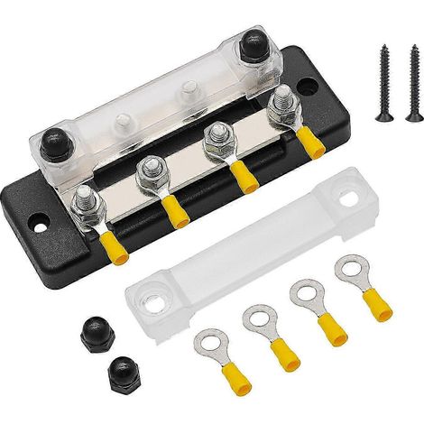 Barre omnibus de distribution à 8 bornes, avec couvercle, courant nominal de 150 ampères, compatible avec les bornes de batterie marines et automobiles. (1/5)
