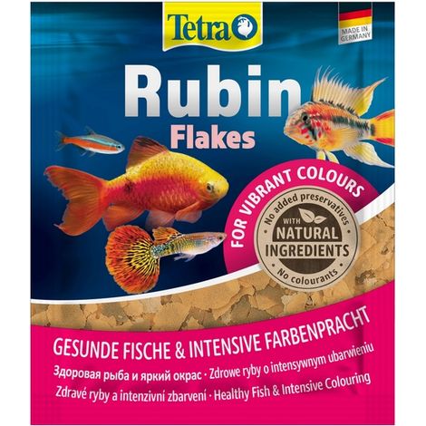 Mangime per pesci d'acquario colorante in fiocchi color rubino, bustina da 12 g.