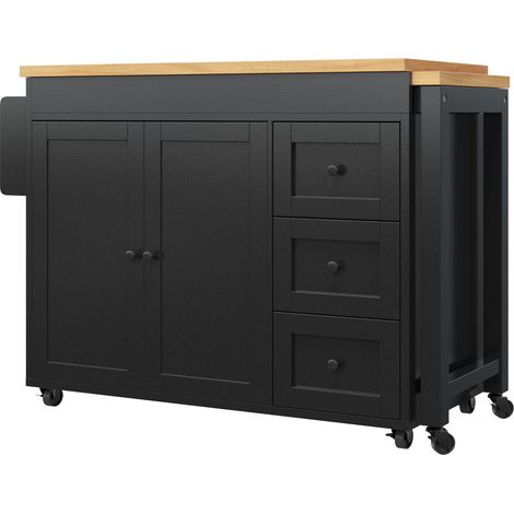 Isla de cocina extensible con almacenaje 116-179,5 cm, 3 cajones, ruedas, negro (1/4)