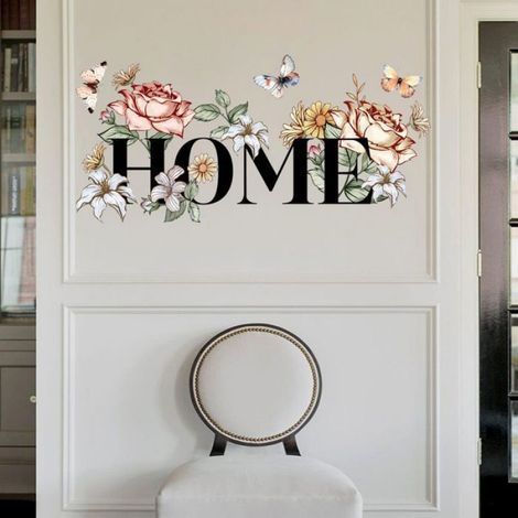 Sticker mural floral papillon HOME - Vinyle étanche non toxique Amovible sans résidu - Chambre salon salle de bain (1/5)