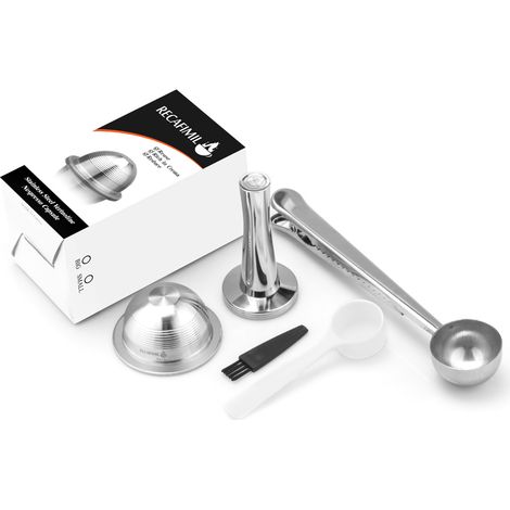 Edelstahl-Kapselset mit wiederverwendbaren Kapseln, Pulverstampfer, Löffel und Pinsel als Ersatz für NESPRESSO Vertuoline GCA1, Delonghi ENV135, ENV150 und VertuoPlus BNV450WHT1BUC1 (1/5)