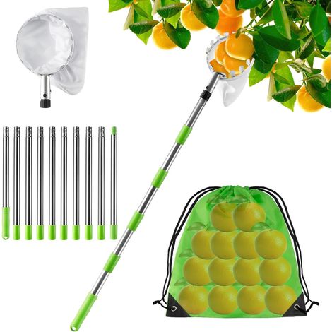 Recolector de fruta telescópico, de acero inoxidable, con bolsa de almacenamiento y pértiga ajustable de 4 m, para manzanas, peras y naranjas. (1/5)