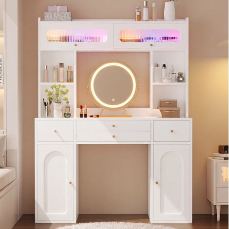 Tocador con espejo LED, 120x40x160 cm, 4 cajones, almacenajes integrados, en MDF, bambú y vidrio, blanco (1/5)