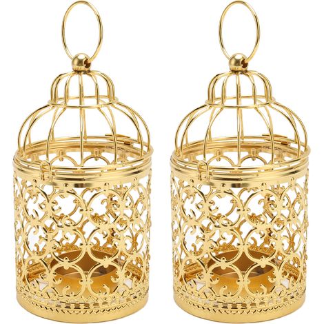 Lot de 2 lampes à thé décoratives vintage en métal, bougeoirs décoratifs pour le Ramadan, lampe suspendue en forme de cage à oiseaux, décoration pour mariage ou fête, couleur or. (1/5)
