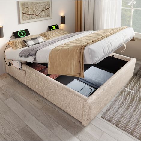 Letto contenitore moderno 160x200 cm in lino beige e naturale, con USB-C, vano sollevabile e base piena in legno massello