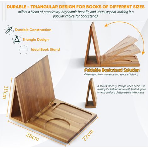 Étagère triangulaire, serre-livres, coin de lecture pliable en bois d'acacia, support de livre triangulaire avec porte-gobelet et porte-stylo