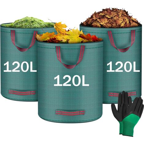 3x120LSacs de Jardin, Sacs à Déchets de Jardin, Sacs de Déchets Jardin Résistants, Sac déchet en PP Robuste avec Poignées, Pliables et Réutilisables(Gants de Jardinage) (1/5)