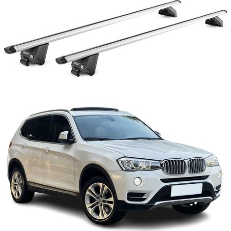 OMAC Barres de toit aluminium certifiées TÜV pour BMW X3 F25 2011-2017 – Pour rails de toit intégrés – Rainure en T – Charge max 100 kg – 2 antivols Argent (1/4)