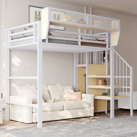 Lit mezzanine 90x200 cm, échelle sécurisée, rangement modulable, cadre en acier blanc, couchage adulte, lit surélevé enfant, structure métallique robuste (1/5)