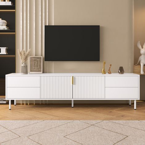 Meuble TV 180 x 40 x 49,5 cm, 4 tiroirs, 2 portes rainurées, passe-câbles, pieds en métal, MDF/panneaux de particules, blanc (1/5)