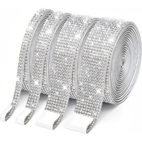 Ruban Strass Autocollant - Lot de 4 Rouleaux - Cristal Argenté - Décoration Adhésive - DIY Mariage Voiture - Largeurs Variées (1/5)