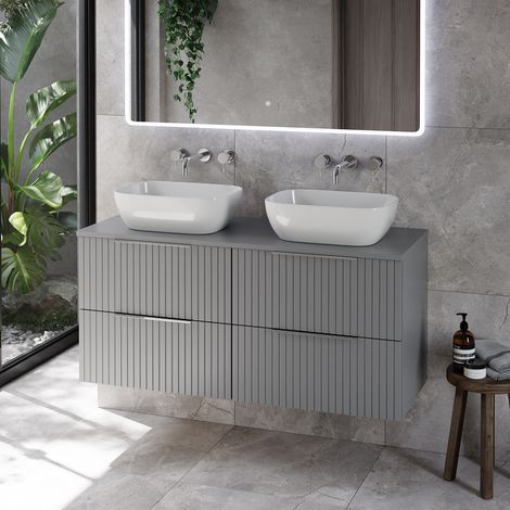 Helix 460 Fluted Pebble Grey 1200mm Wall Mounted 4 Drawer Vanity Unit for Countertop Basins