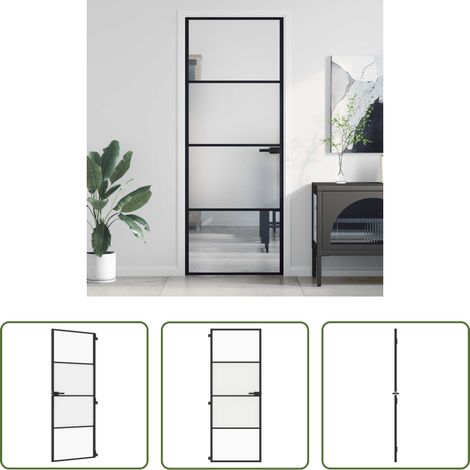 vidaXL Porte intérieure mince noir 76x201,5 cm verre trempé aluminium (1/5)