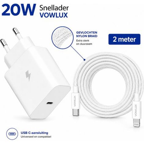 20-W-USB-C-Schnellladeadapter + 2 Meter langes, geflochtenes USB-C-auf-Lightning-Kabel – Schnelllade-Set – Nylon-ummanteltes Kabel, kompatibel mit iPhone X, XR, XS, 11, 12, 13, 14, Pro Max, Plus und (1/5)