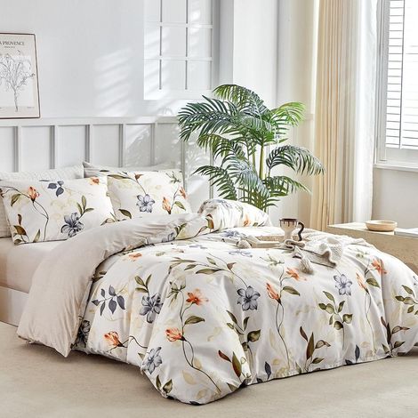 Ensemble de literie 4 pièces King-Size, motif floral, microfibre, blanc