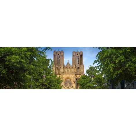 Tableau sur toile cathédrale Reims avec arbres 30x97 cm - Impression sur Toile Murale Décorative - Image imprimée en HD sur Toile - Toile sur Châssis en Bois FSC - Fabriqué en France (1/4)