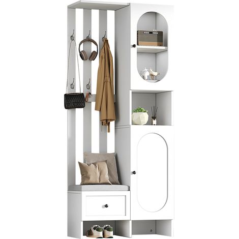 MODFU-Armario, mueble de entrada para dormitorio, con taburete, 6 ganchos, 2 puertas y 1 cajón, 85x33,5x200cm, blanco (1/5)
