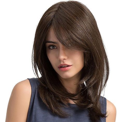 Mittellange Perücke (braun/schwarz), glatter, synthetischer Bob, Vollspitzenperücke für Damen, hitzebeständige Faser (1/5)