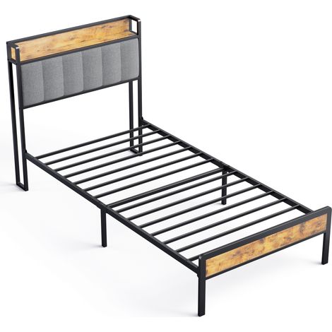 Bealife Metallbett 90x200 cm mit gepolstertem Stoffkopfteil und Stauraum – Lattenrost Kinder- und Jugendbett in Schwarz und Hellgrau (1/5)