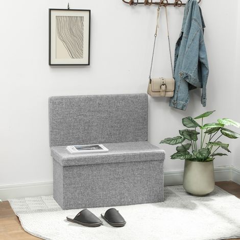 Banc de rangement pliable HOMCOM avec dossier, pouf repose-pieds en tissu effet lin, 77 L de rangement, idéal pour le salon et la salle de séjour, 76 x 50 x 73 cm, gris (1/4)