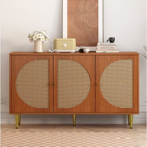 Buffet en panneaux de particules noyer avec 3 portes effet rotin, tablettes réglables, 129,8 x 40 x 76 cm (1/5)