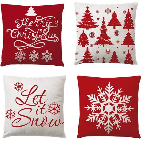 4er Pack Weihnachten Kissenbezug (Rot), Leinen Zierkissenhülle mit Weihnachtsbaum, Schneeflocke, Rentier-Motiven