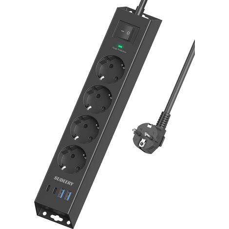 Multiprise 4 prises avec USB C, 8 en 1, montage mural avec interrupteur et câble de 2 m, multiprise avec parasurtenseur pour bureau, cuisine (noir) (1/5)