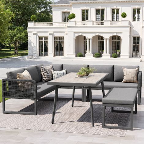 Salon de jardin 6-8 places rotin PE tressé gris – Coussins assise dossier résistants intempéries, pour terrasse (1/5)