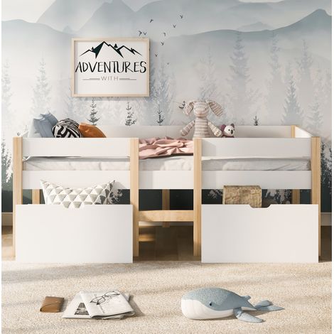 Cama infantil semi alta escandinava 90x200 cm de madera maciza blanca con 2 cajones, escalera y protección anticaídas (1/5)