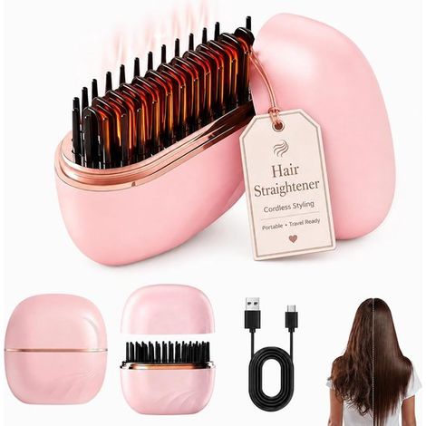 Lisseur sans fil - Mini lisseur - Lisseur de voyage - Peigne chauffant - Outil de coiffage portable - Compact et léger - Interface USB - Température réglable - Idée cadeau - Idéal au quotidien et en v (1/5)