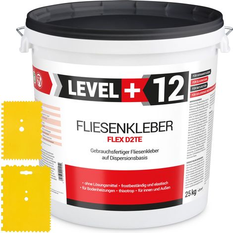 LEVEL+ SET Fliesenkleber Fertig Dispersionkleber L+12 - 25KG + 2St. Zahnspachtel 8x13cm + 13x9cm