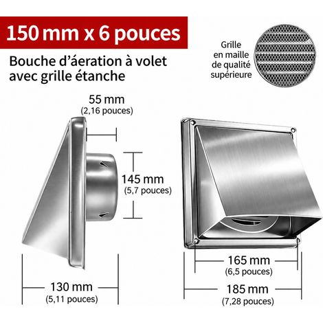 Grille d'aération murale carrée inox 304 150 mm 6 pouces avec grille et persiennes 150mm 6 réf 7686 19 × 18,5 × 12 cm 461 g – Livraison gratuite