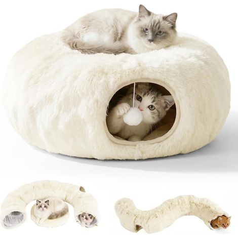 Tunnel Chat XXL, Grands Chats avec Couchage et Lit Souple avec Deux Entrées, Niche pour Chat et Balles Suspendues, Tunnel pour Chat pour Chat, Jaune Clair (1/5)