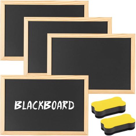 Set di 4 lavagne in legno formato A4, lavagna nera con 2 gomme a spugna, lavagna da parete per disegnare, per i compiti, per la classe, come bacheca per messaggi, per matrimoni.