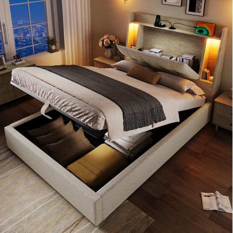 Cama tapizada de lino beige 90x200 cm con almacenaje, LED y puertos USB/Type-C (1/5)